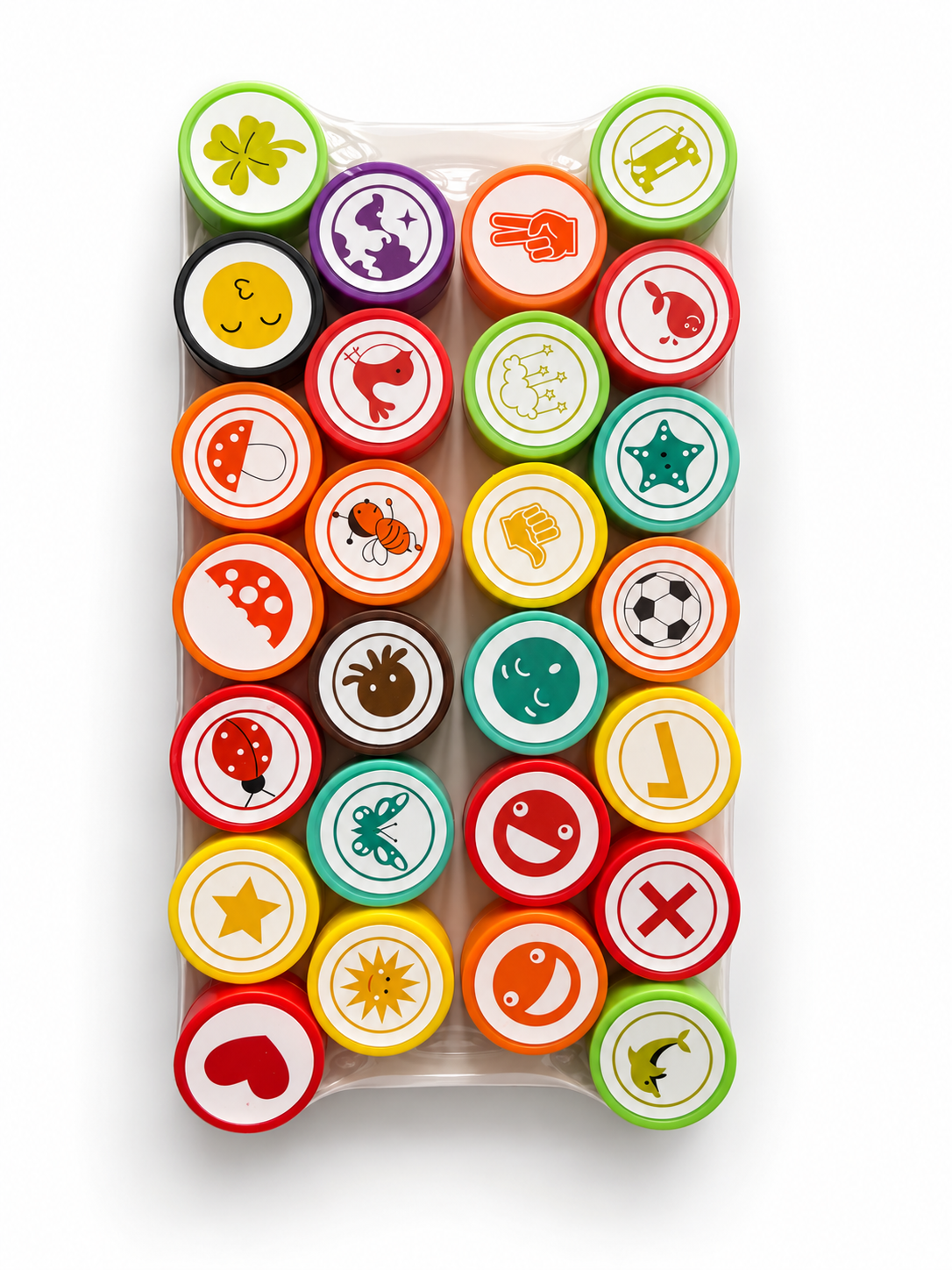 Assortment of twenty six colorful themed stamps made using existing molds
